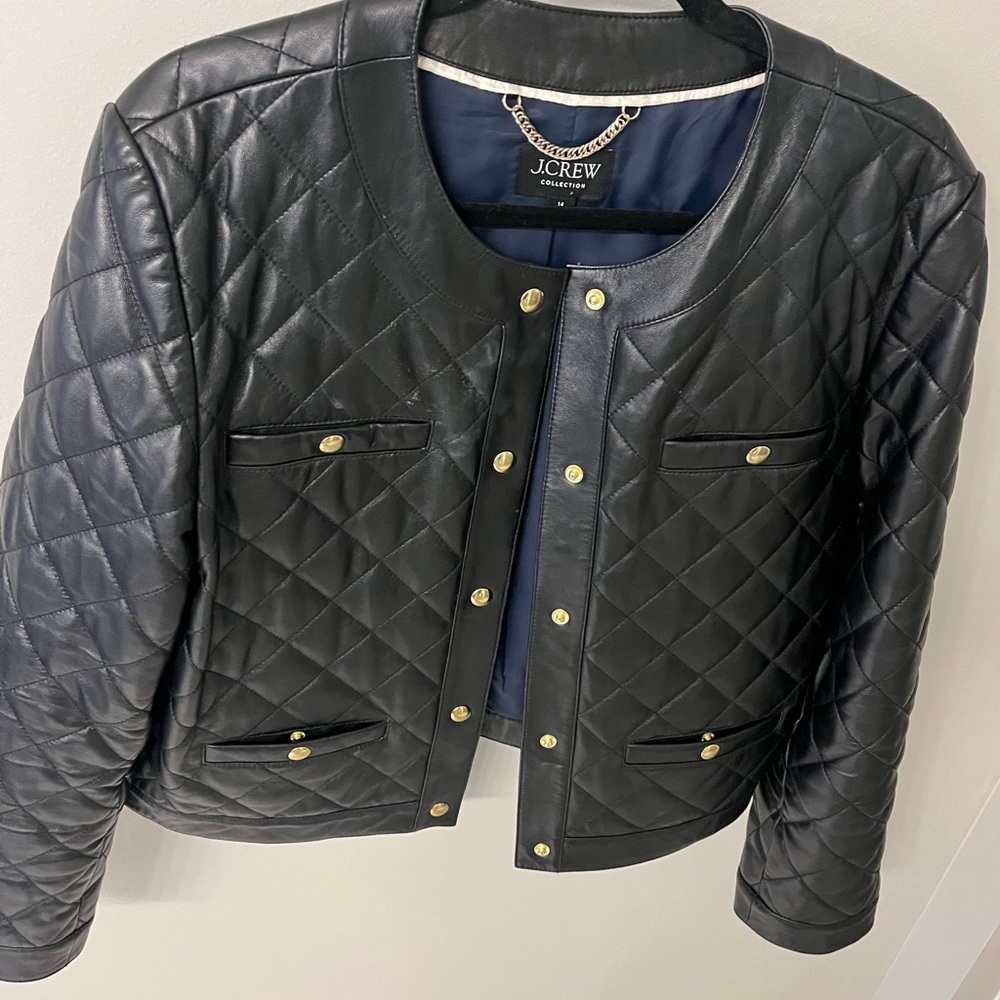 J. Crew Quilted Black Leather Jacket with Gold Accents